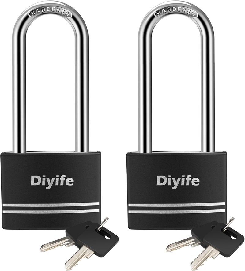 Diyife Padlock with Key, [2 Pack] [Waterproof] Lock with Key, Long Shackle Padlocks for Outdoor Anti-Rust, Small Covered Aluminum Padlock with 4 Alike Keys for Gym Locker, Fence, Shed - Image 1